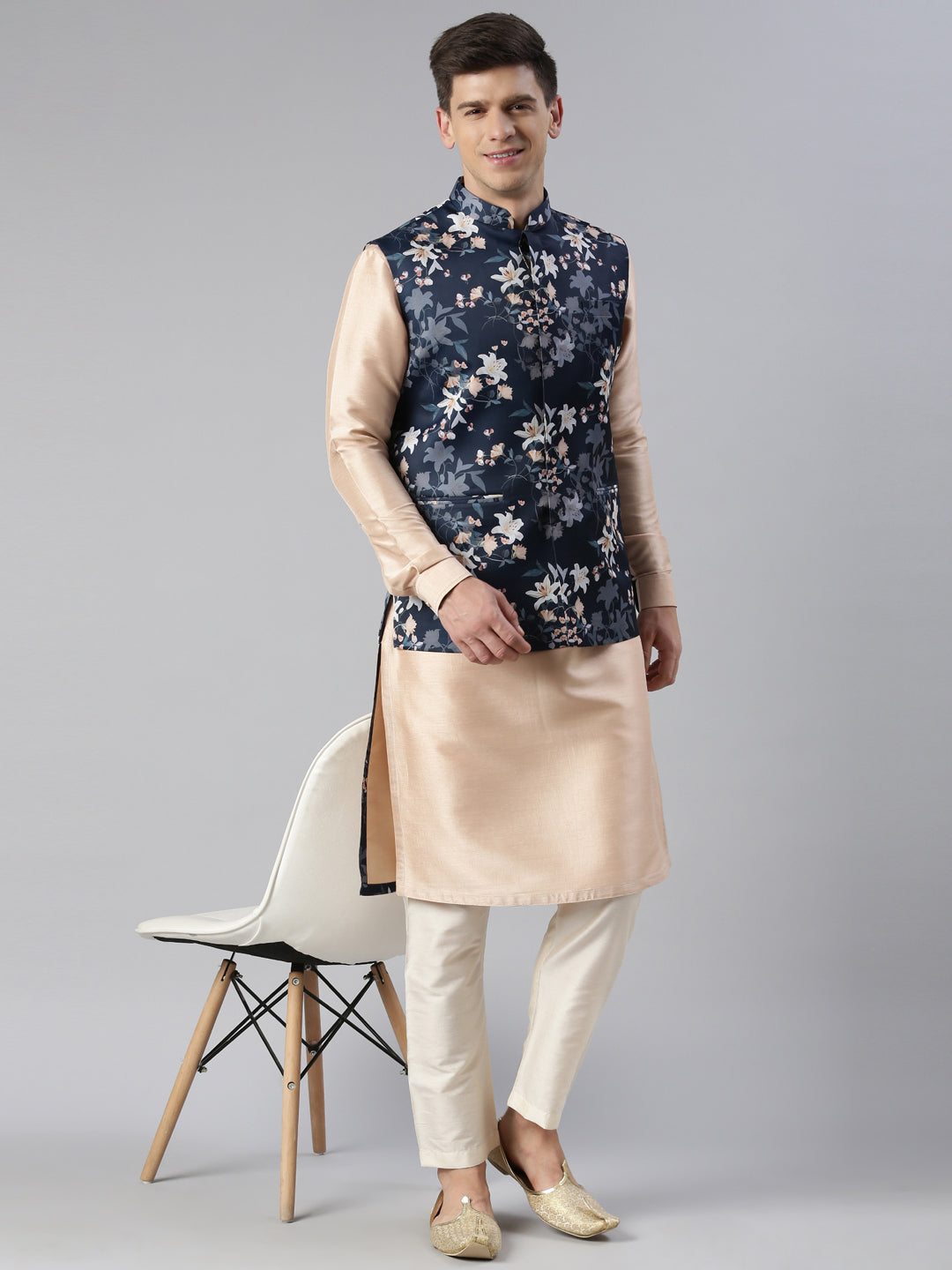 Blue Printed Jacket Kurta Set