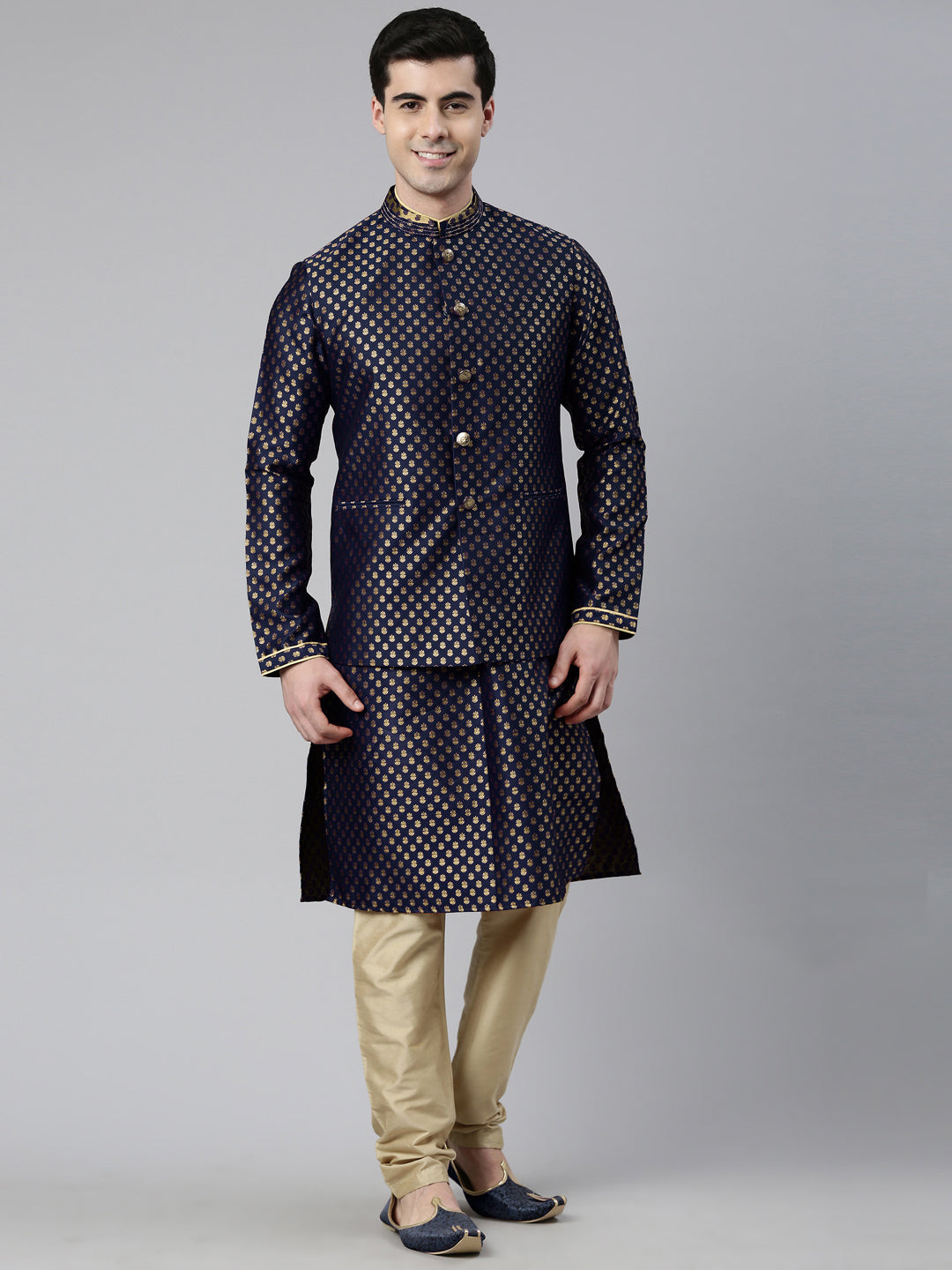 Navy Blue Brocade Jacket And Kurta Set
