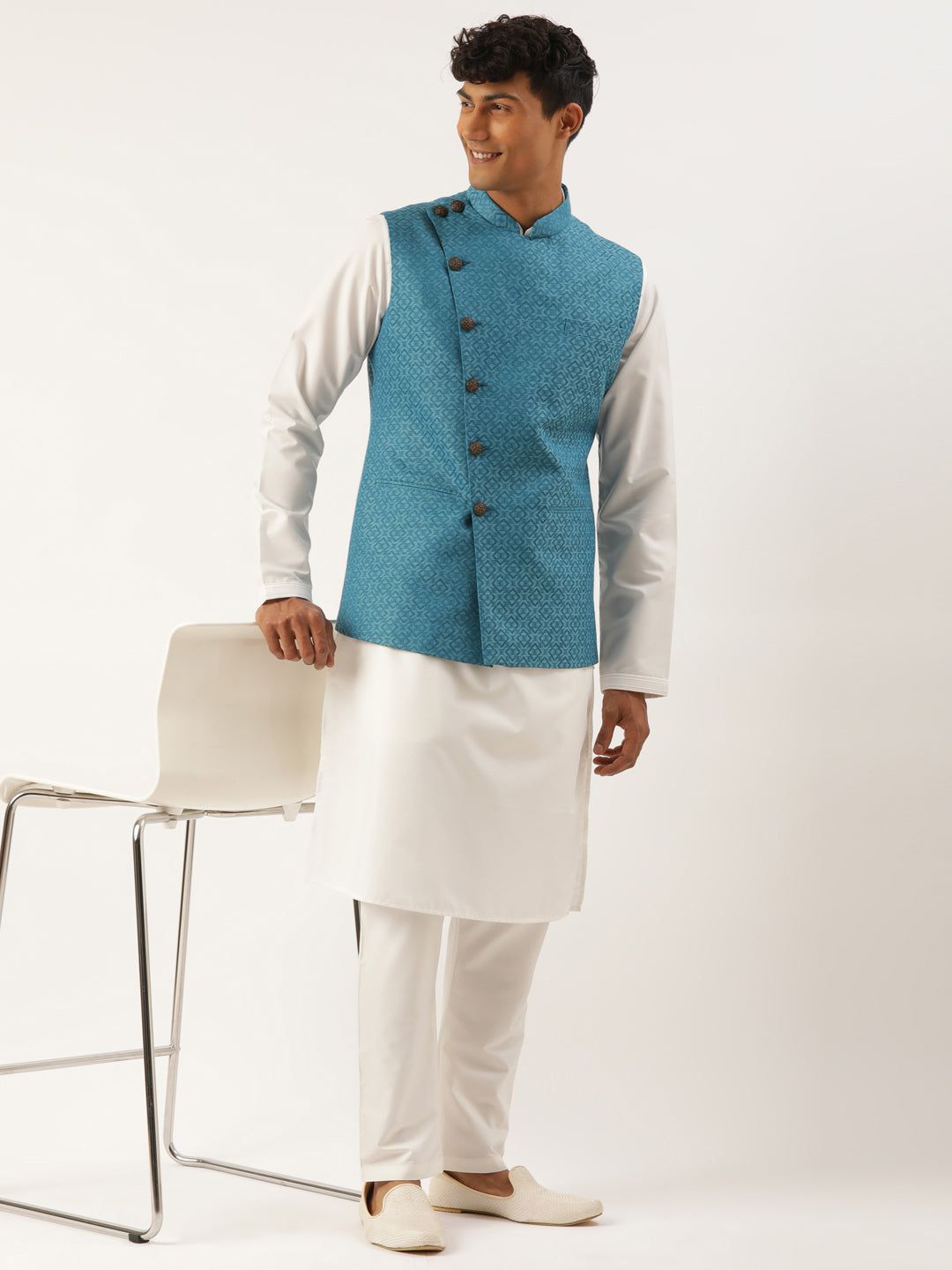 Teal Blue Cotton Jacket With White Kurta