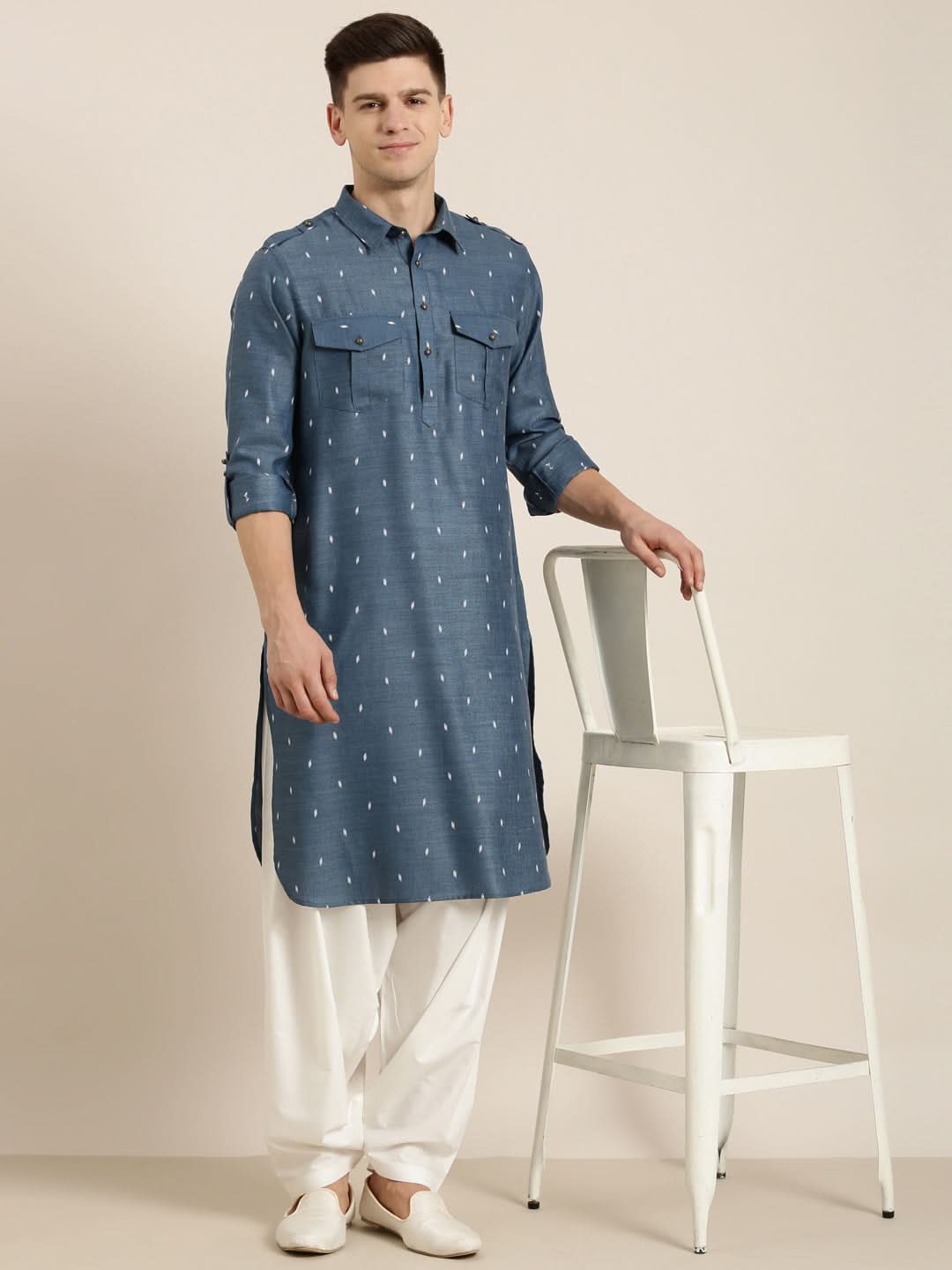 Denim Blue Cotton Pathani With Salwar Set
