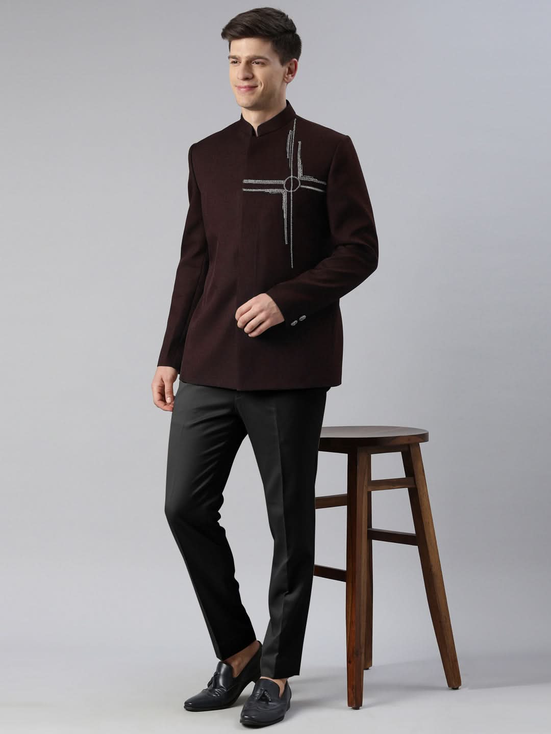 Wine Embroidered Bandhgala