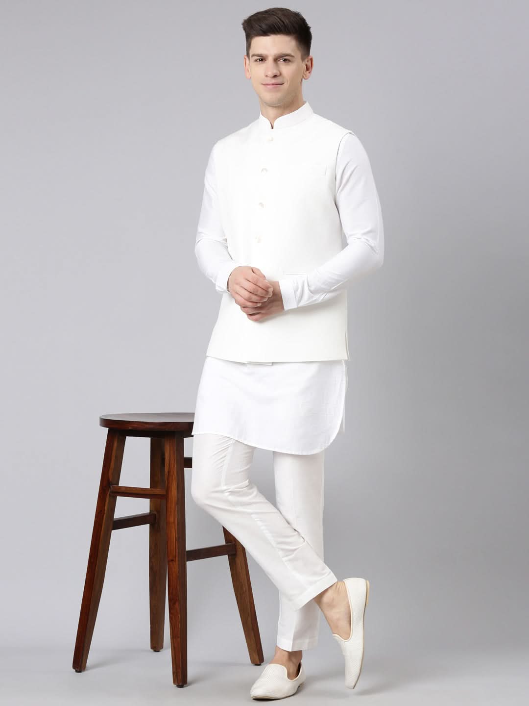 Cream Classic jacket with Short Kurta Set