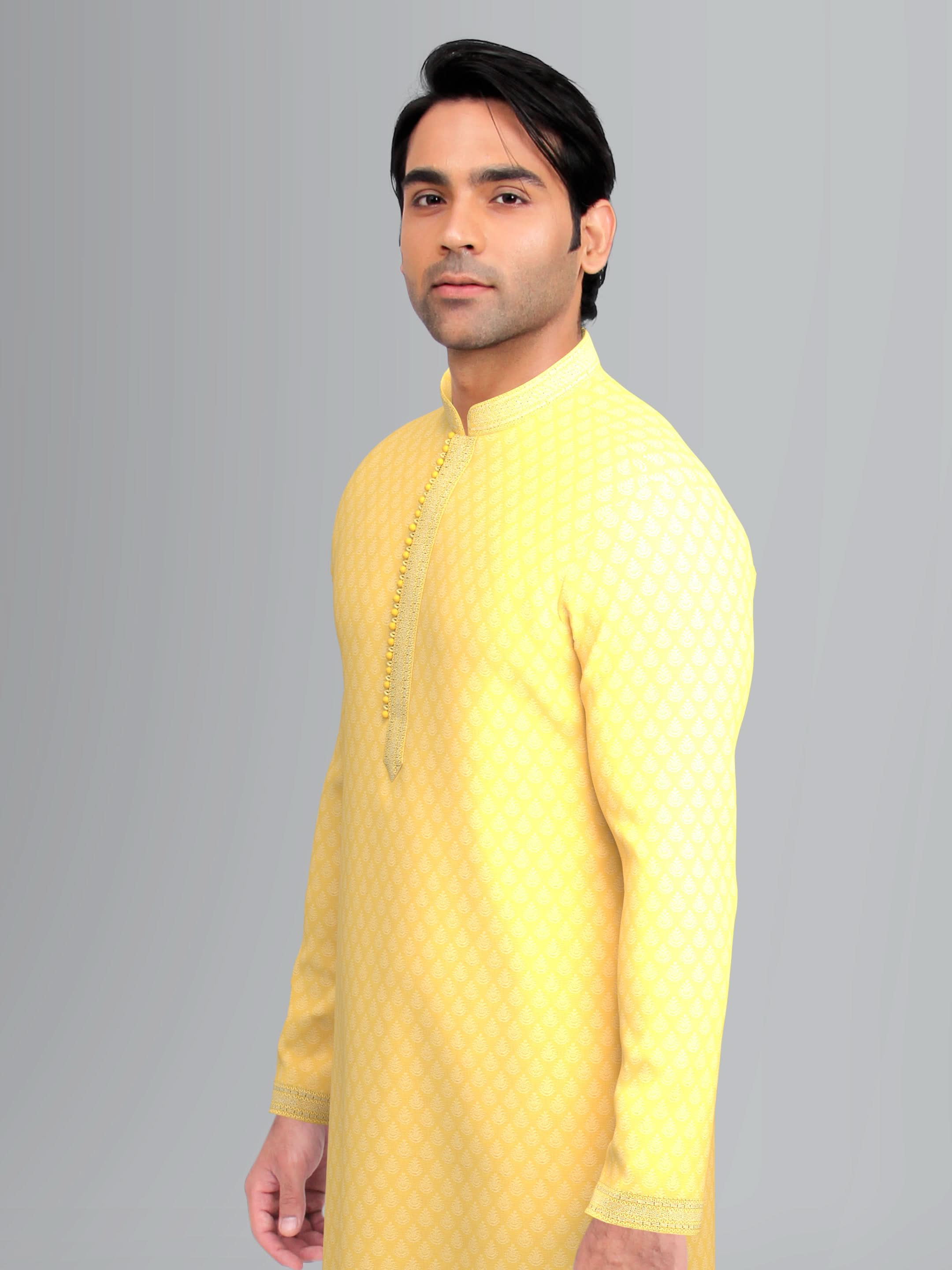 Yellow jacquard Embroidered Kurta