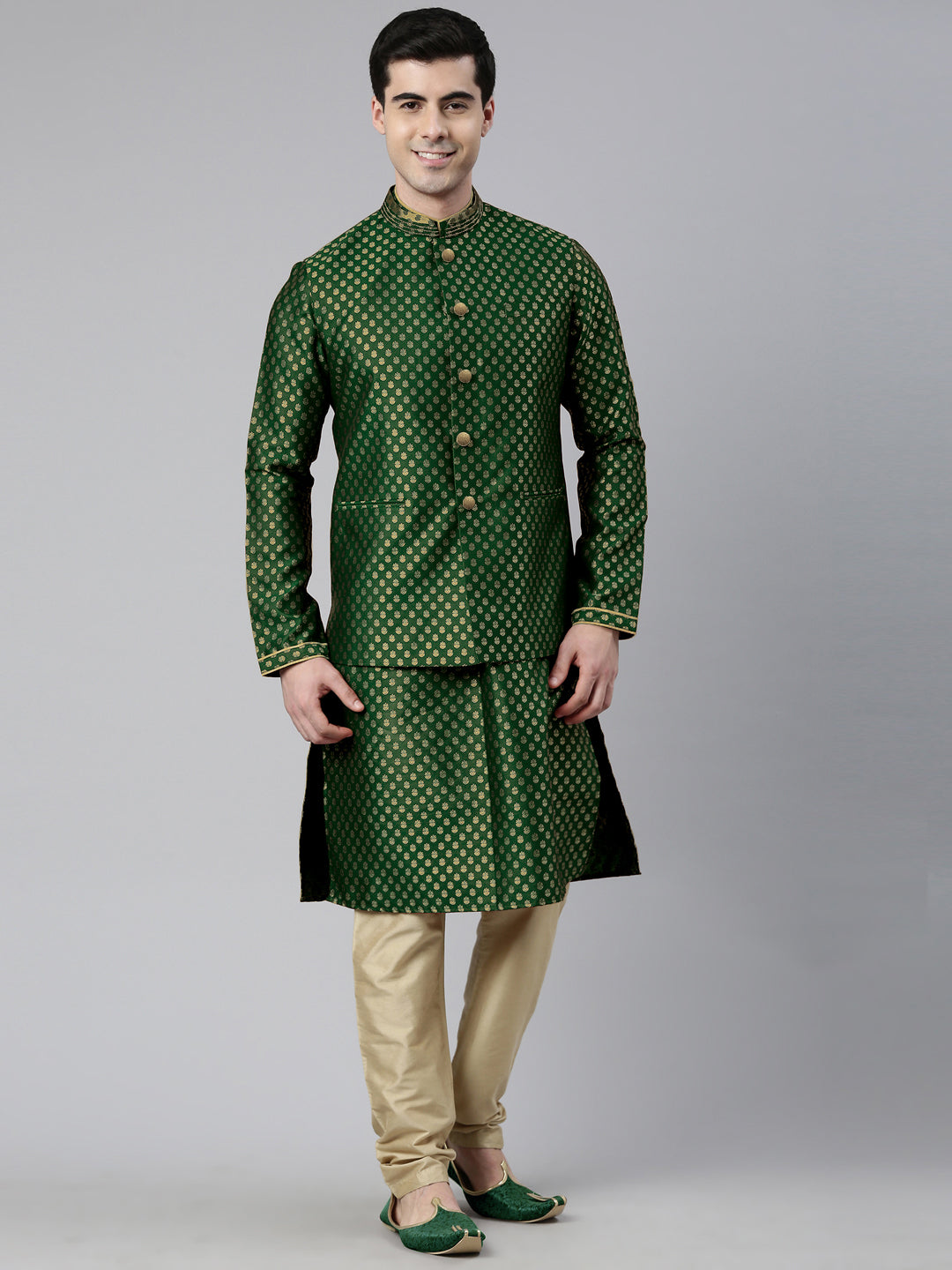 Green Brocade Jacket and Kurta Set
