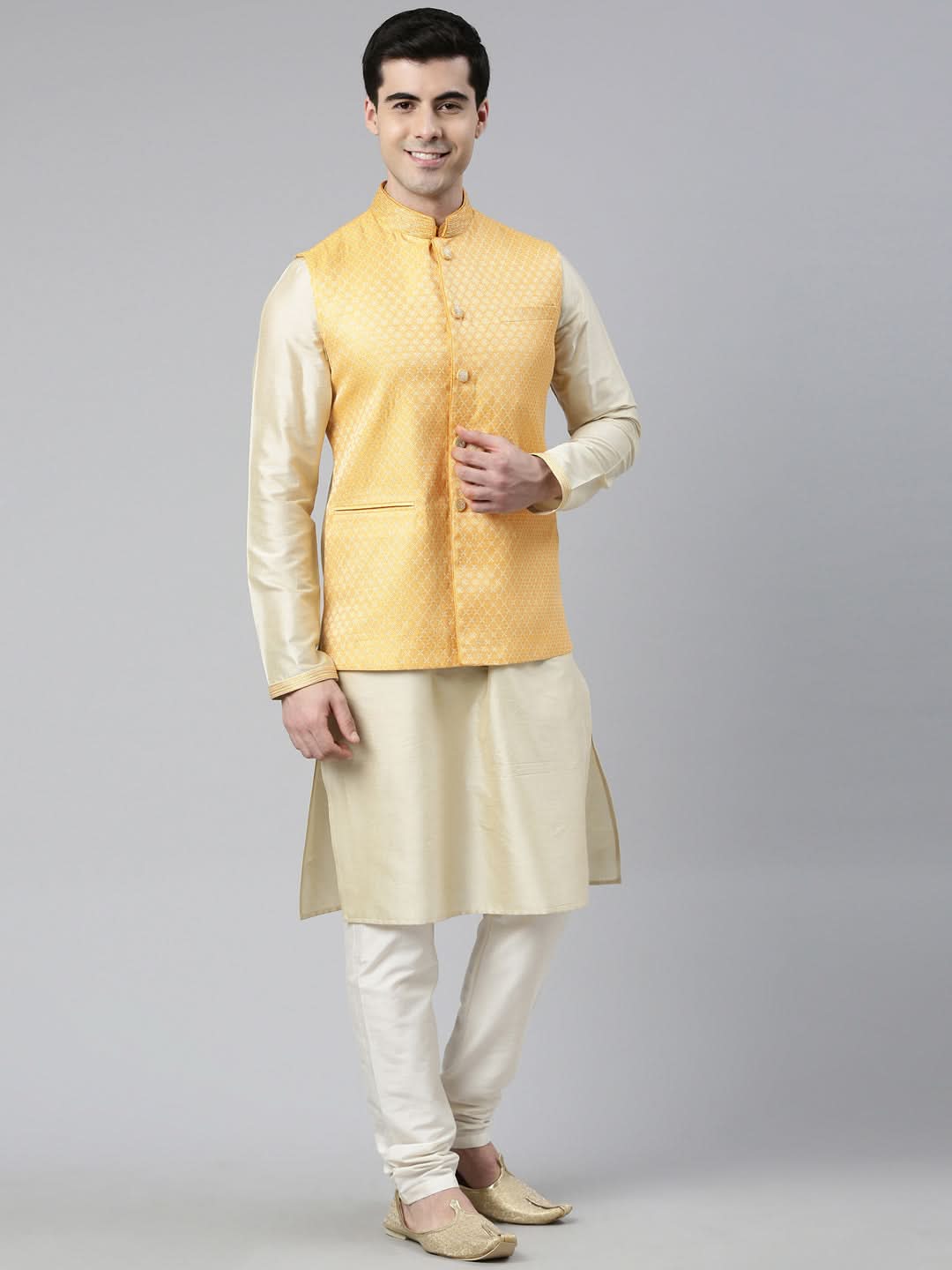 Mustard Geometric Jacquard Jacket With Kurta Set