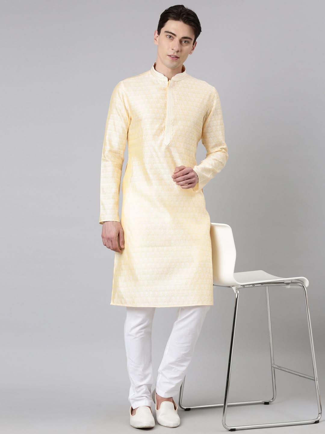 Yellow Banarasi Jacquard Kurta Set