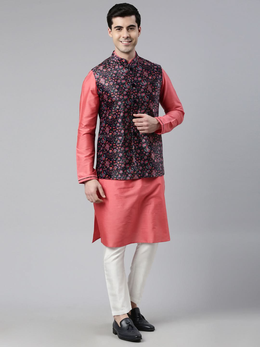 Midnight Blue Velvet Pashmina Printed Jacket With Pink Kurta