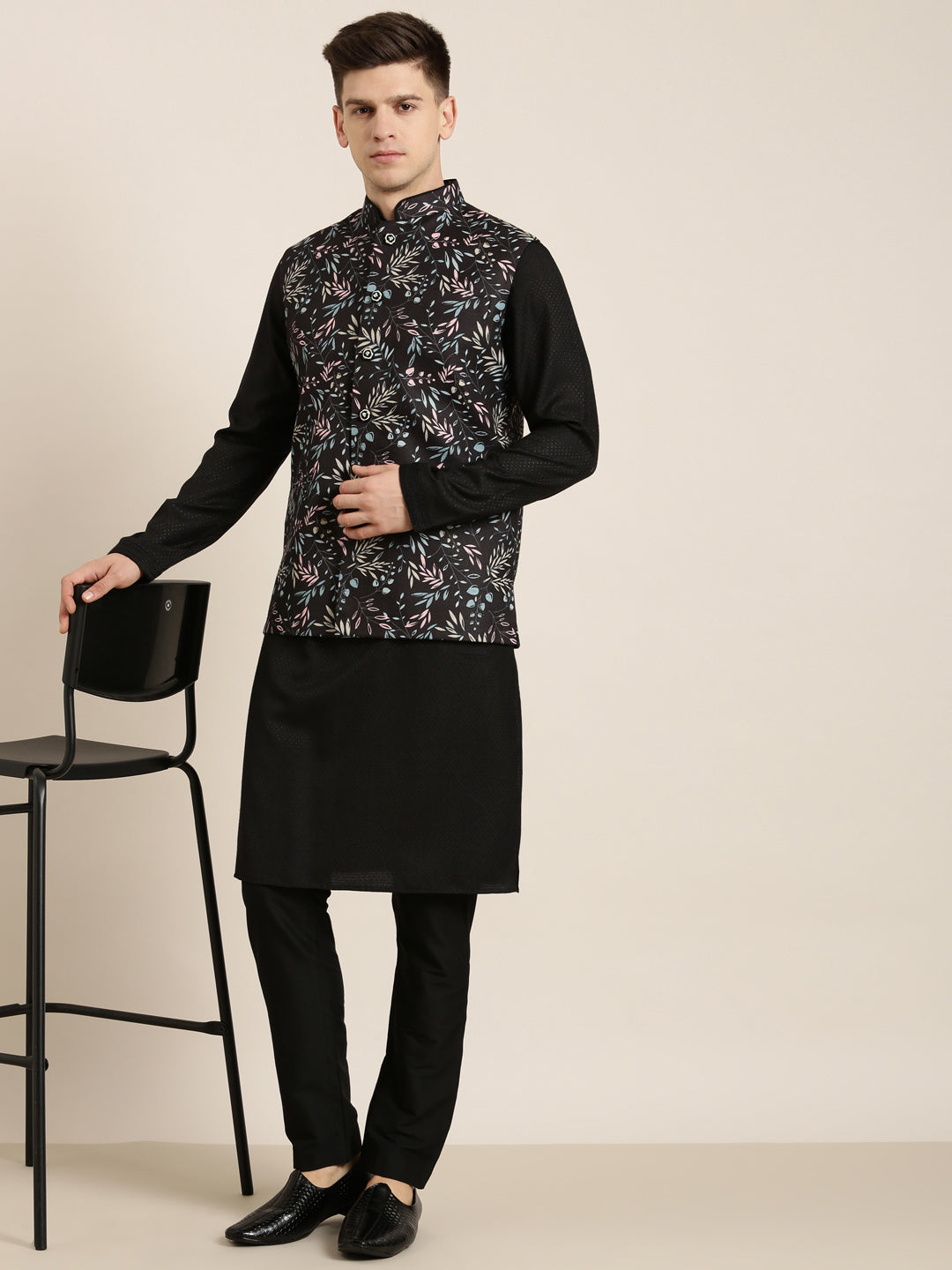 Black Printed Jacket Kurta Set