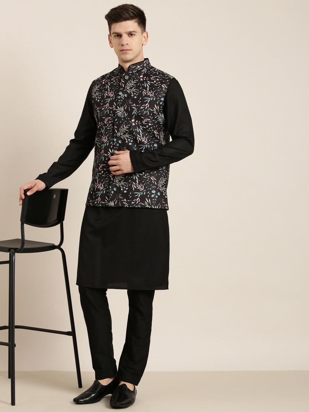Black Printed Jacket Kurta Set