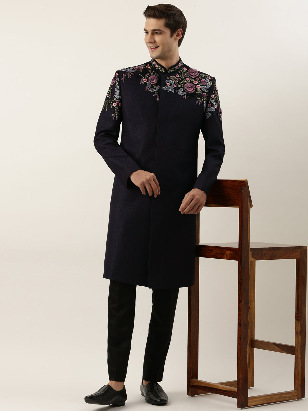 Wine Floral Embriodered Indowestern