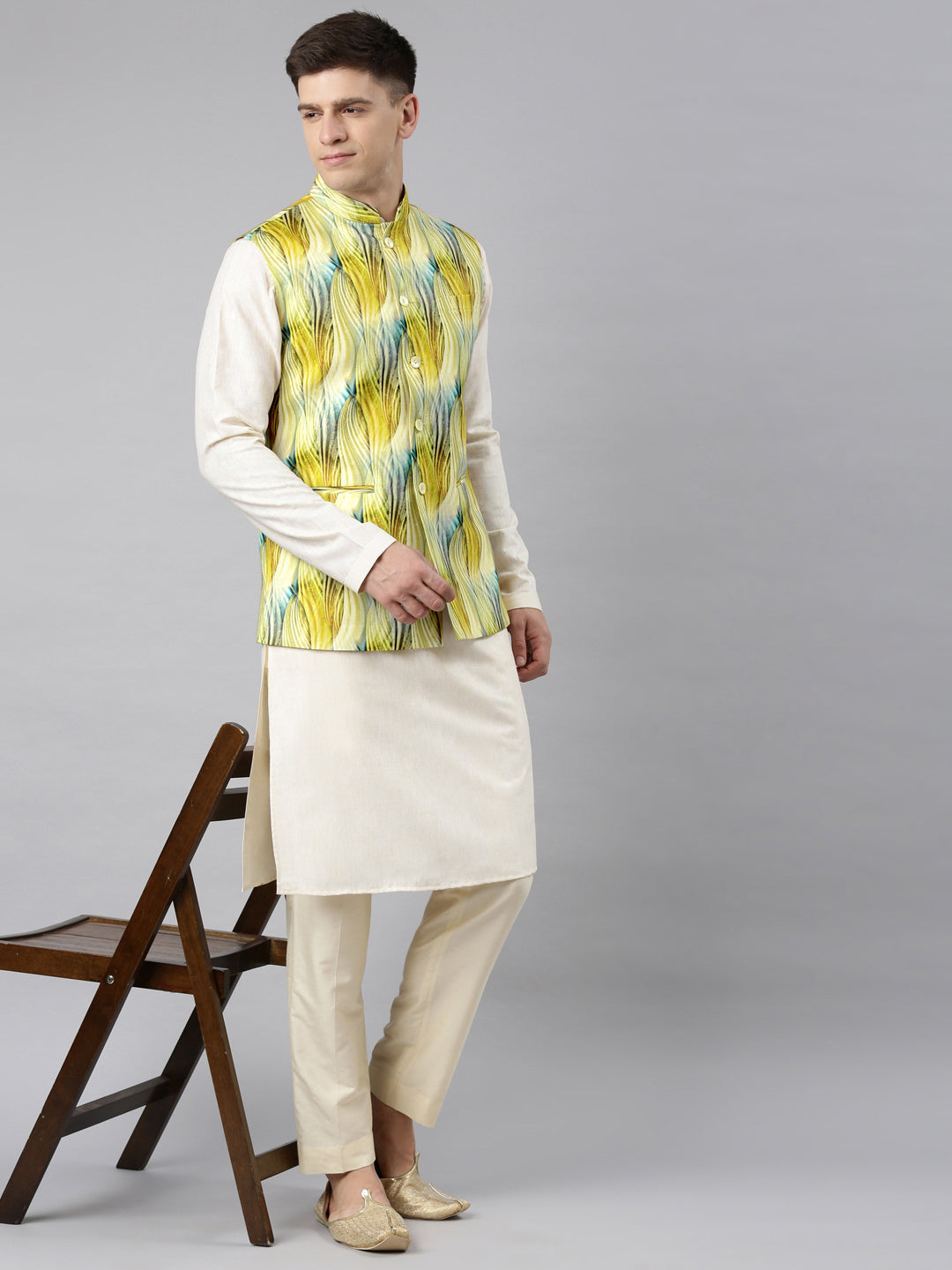 Yellow Linen Printed Jacket with Kurta Set
