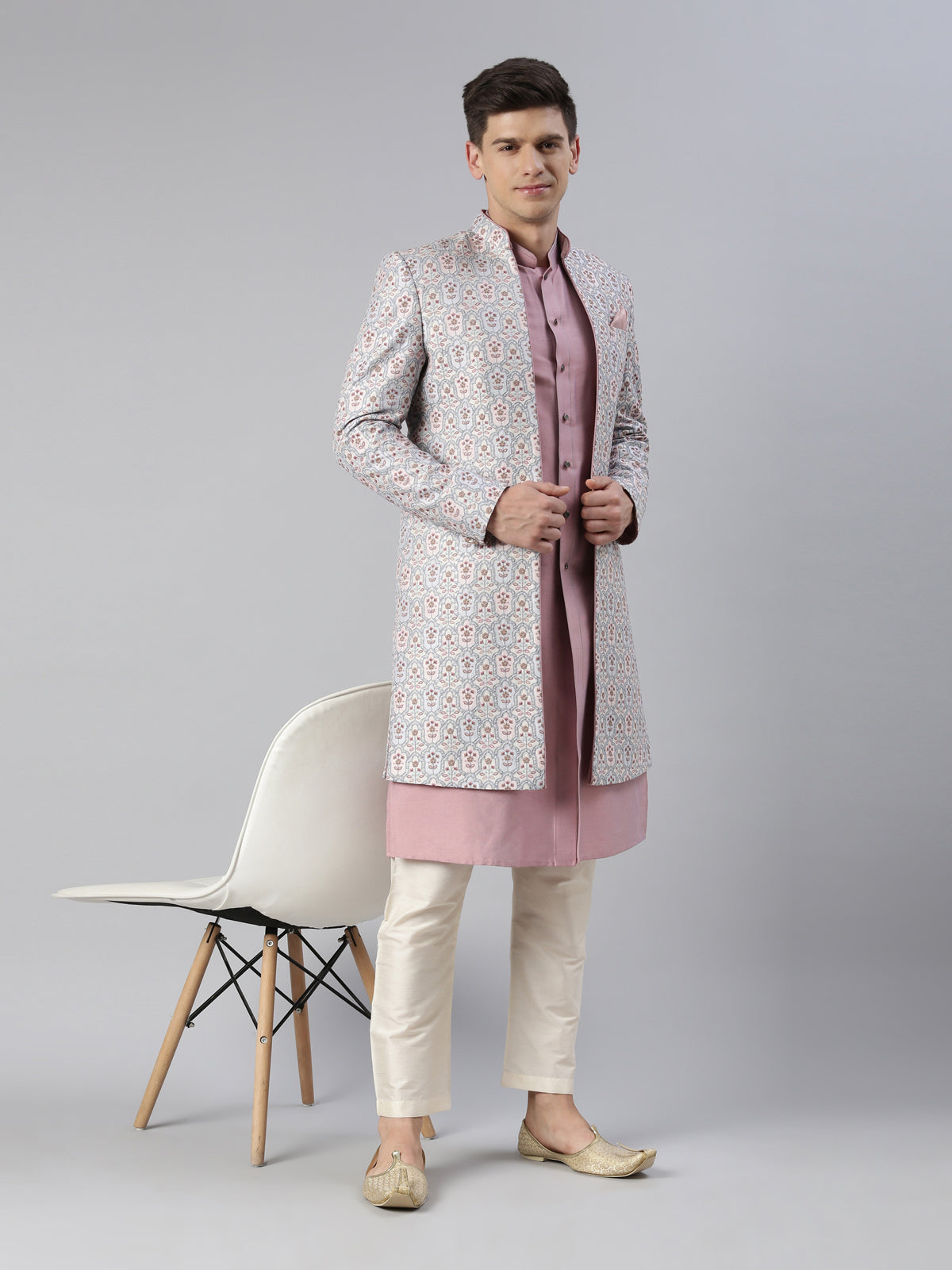 Grey Pink Embroidered Printed Achkan