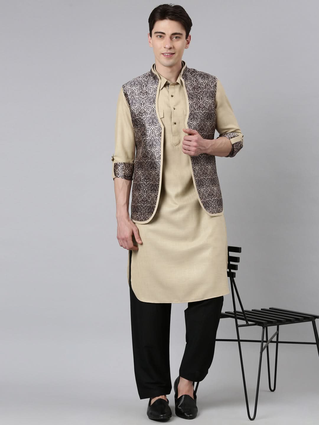 Sepia Tone Printed Jacket With Pathani Set