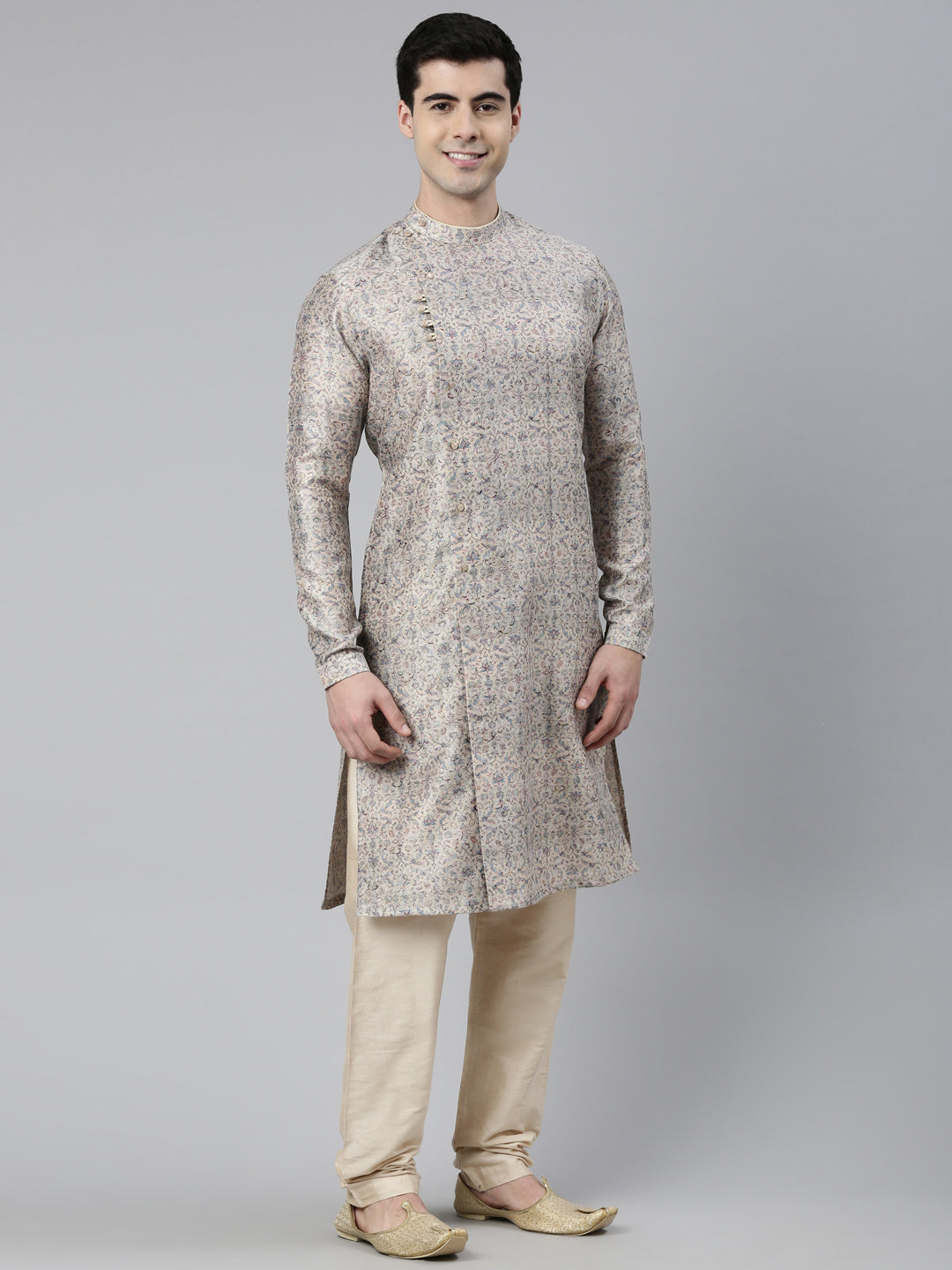 Cream Floral Block Printed Angrakha Full Open Chanderi Silk kurta set