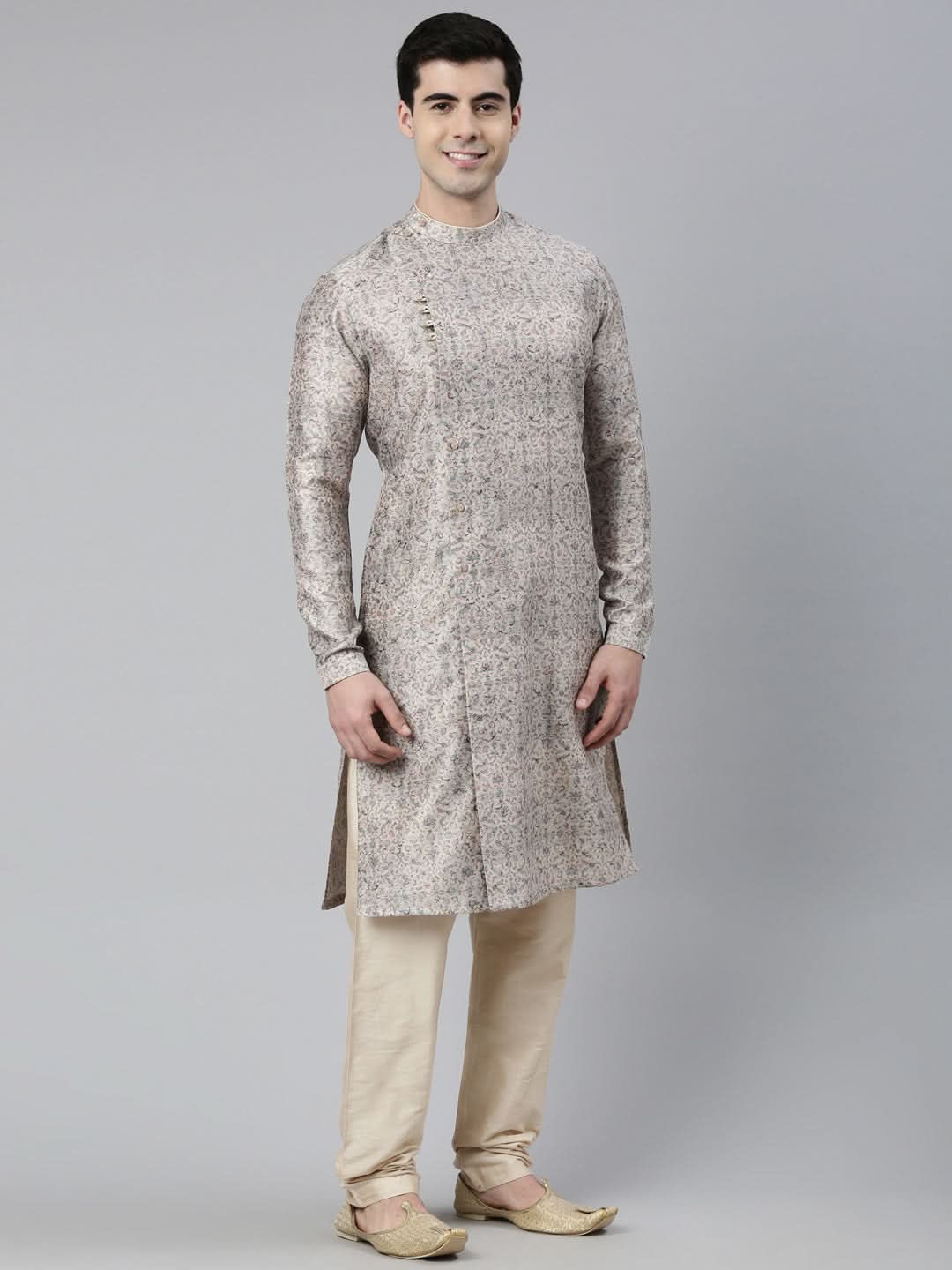 Cream Floral Block Printed Angrakha Full Open Chanderi Silk kurta set