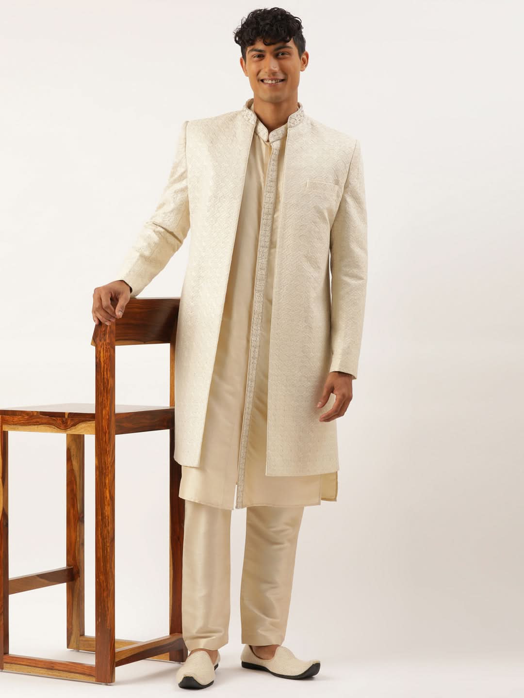 Cream Shimmer Embroidery Indowestern with Kurta Set