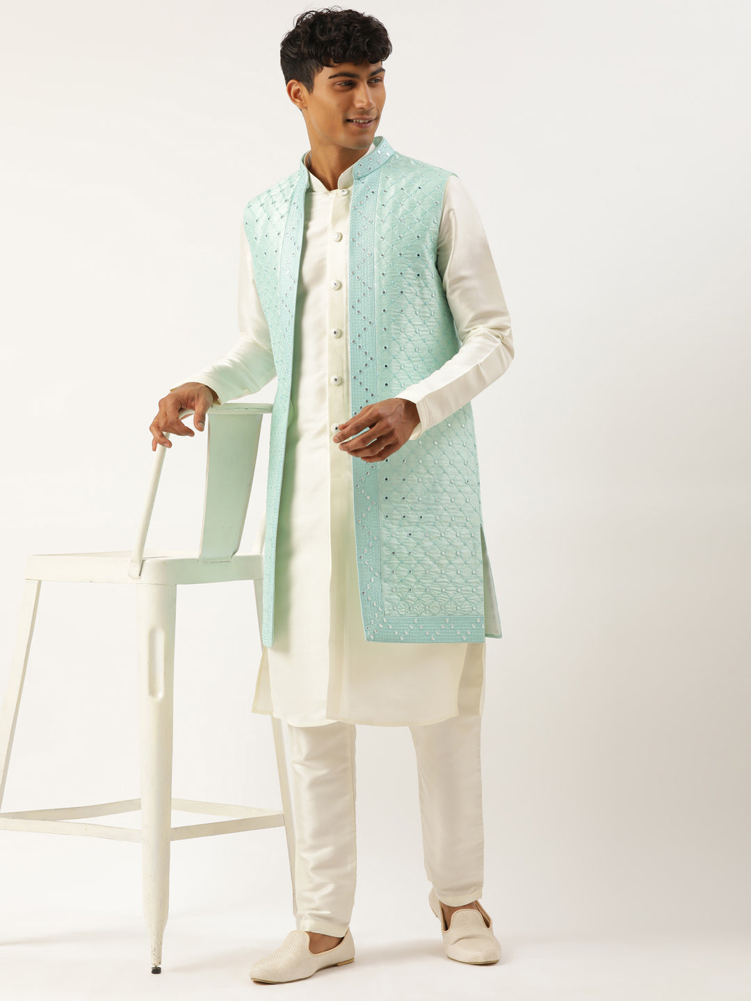 Turquise Mirror Embroidery open Jacket Kurta Set