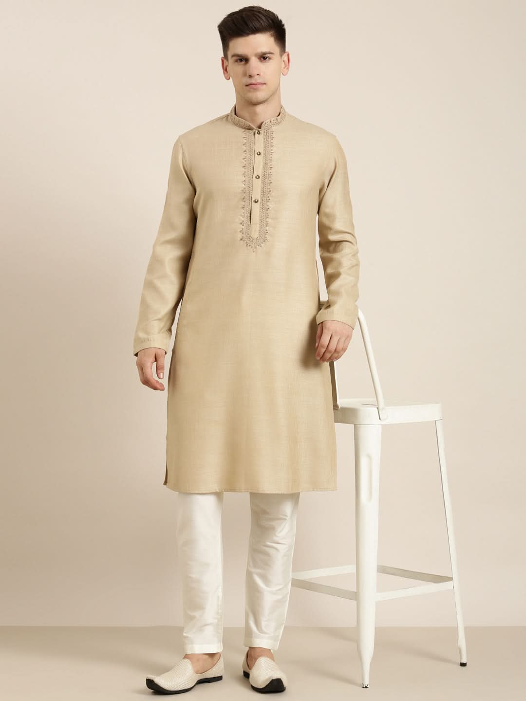 Beige Cotton Dori Embroidered Kurta