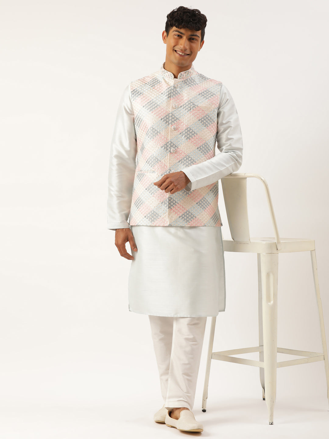 Cream Embroidered Jacket Kurta Set