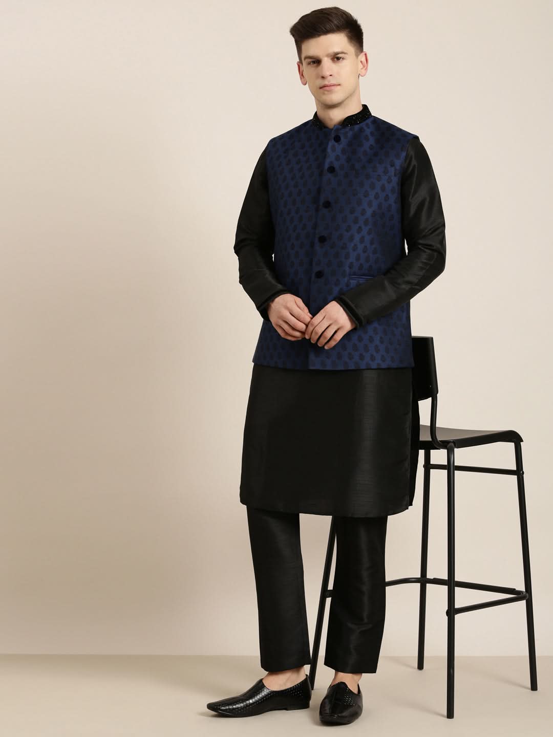 Navy Jacquard Black Booti Jacket With Kurta Set