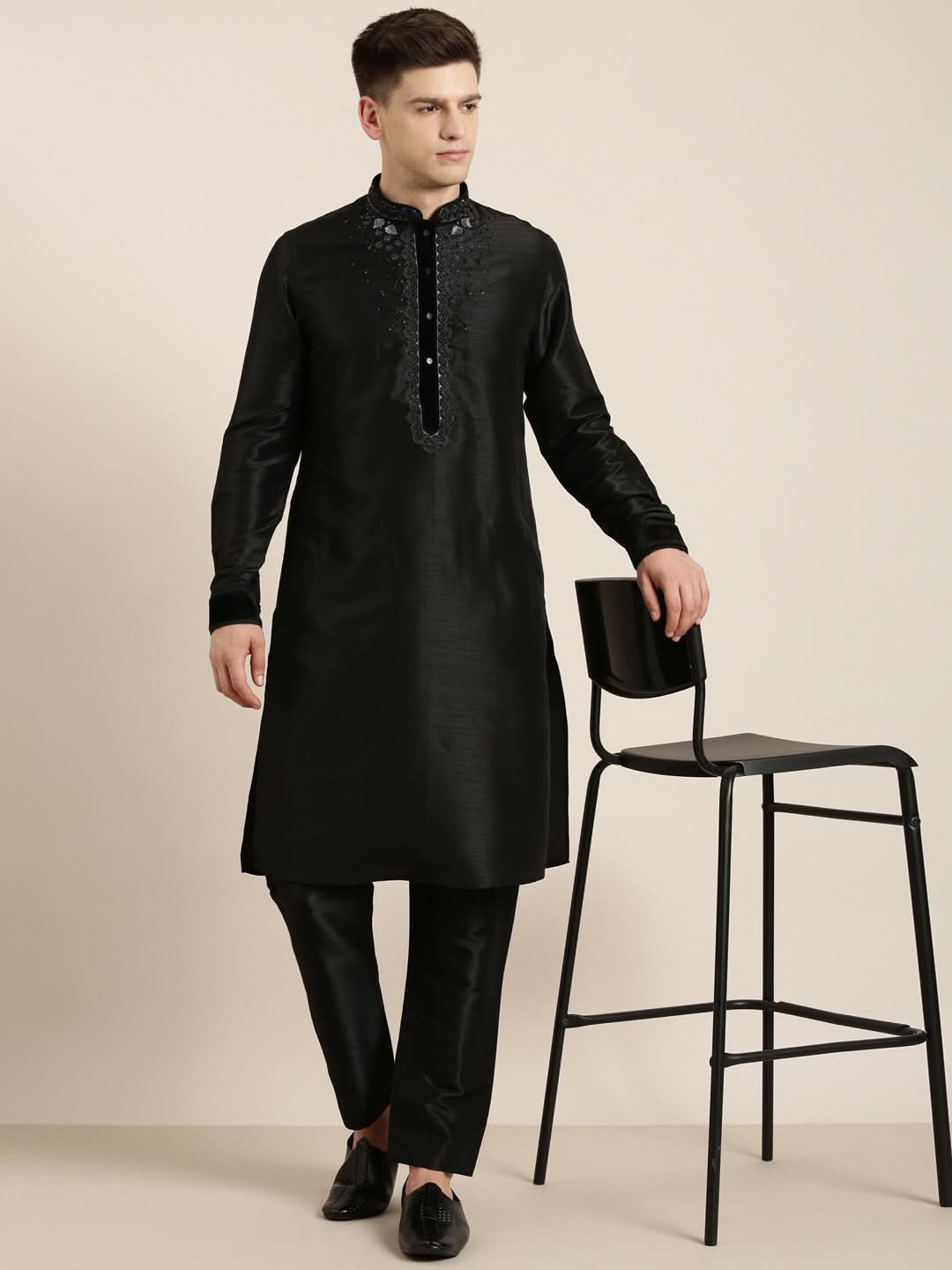 Black Art Silk Embroidered Kurta Set