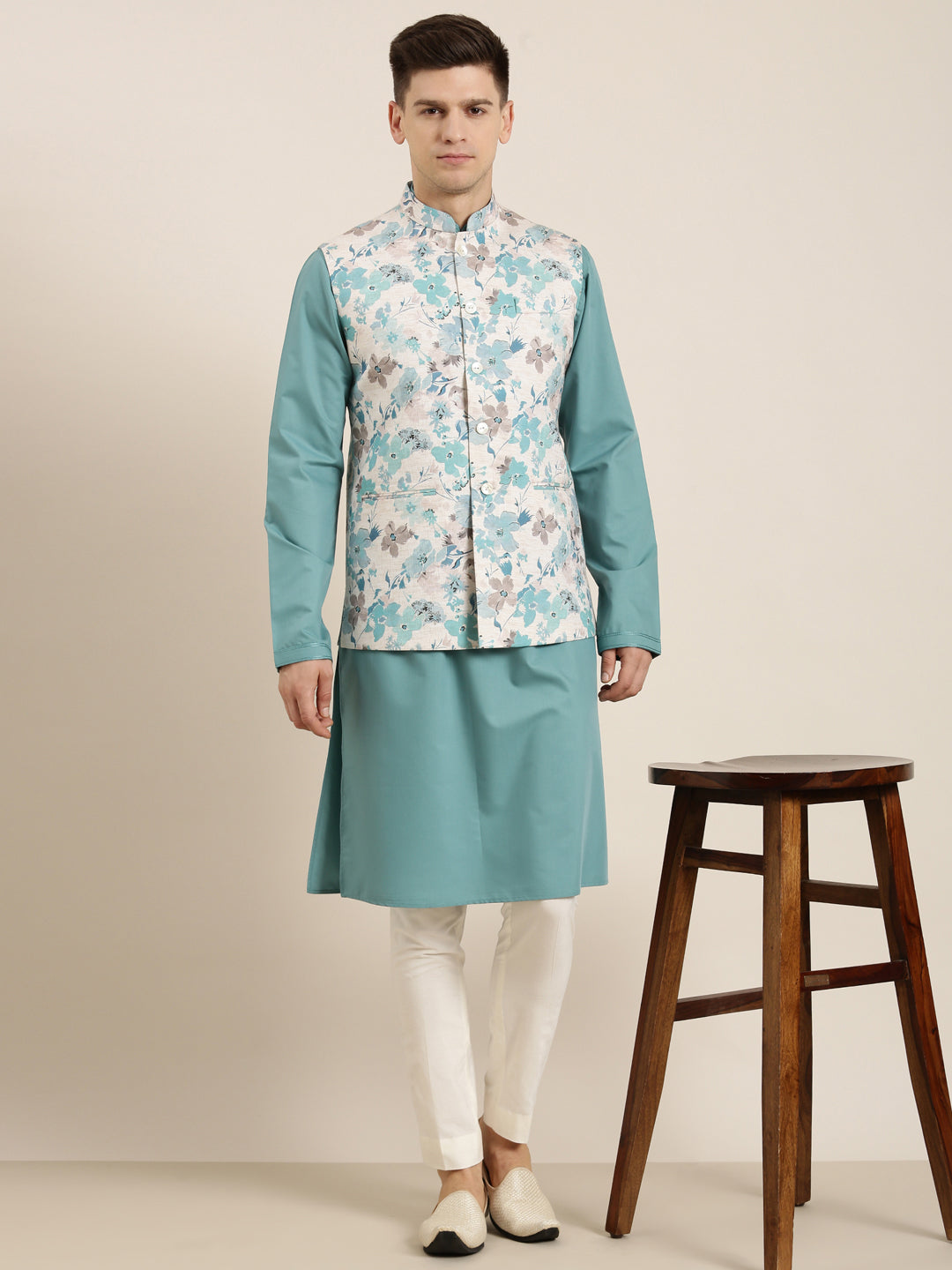 Beige Linen Printed Jacket Kurta Set