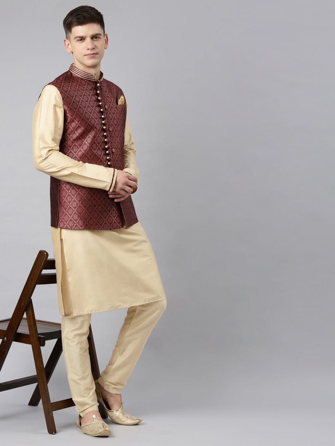Maroon Banarasi Bundi With Gold Kurta Set