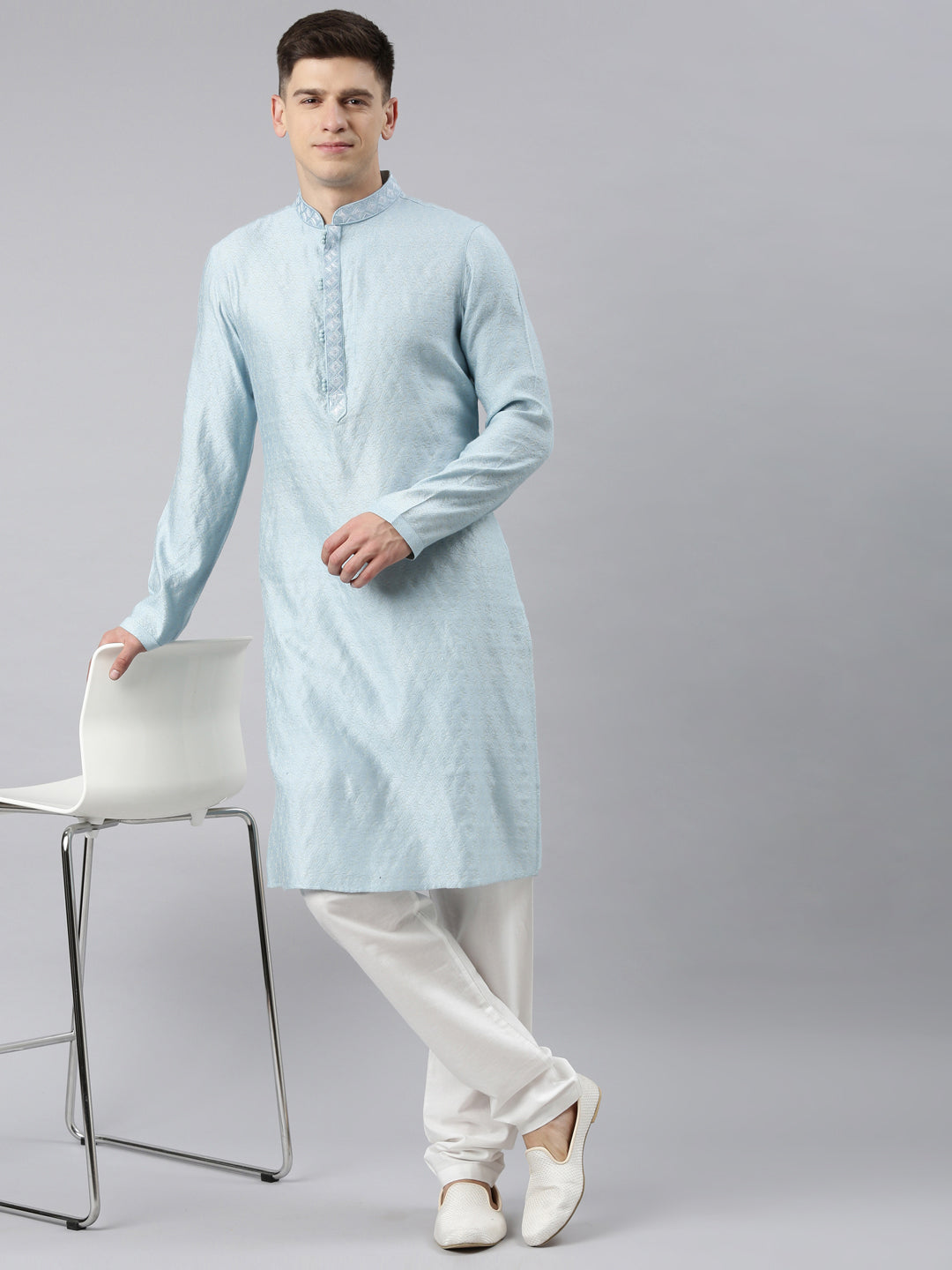 Light blue Jacquard Neck Embroidery Kurta