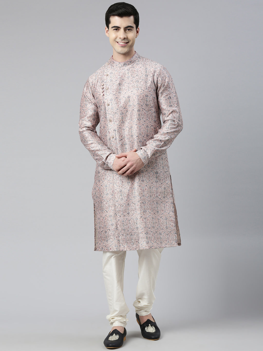 Pink Floral Block Printed Angrakha Chanderi Silk Kurta Set