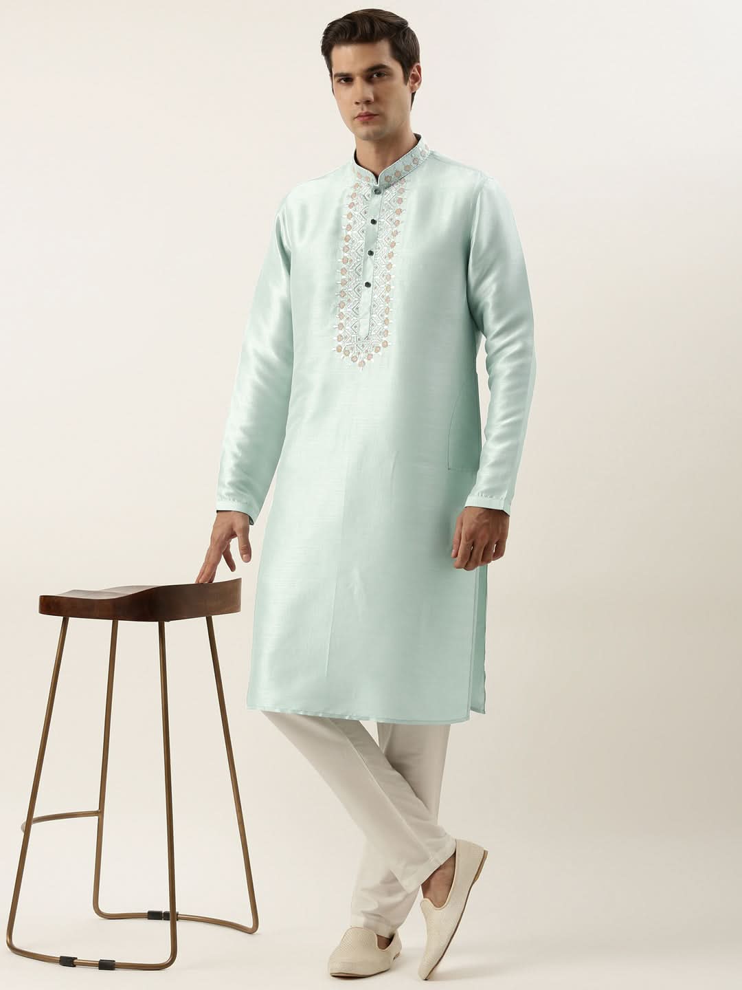 Aqua green Silk Embroidered Kurta Set