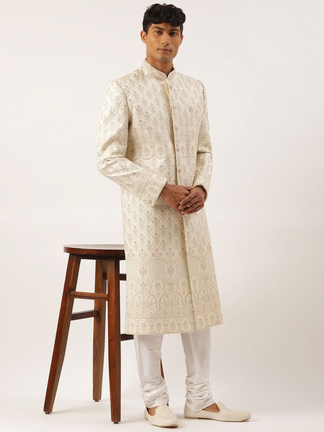 Cream Embroidered Sherwani