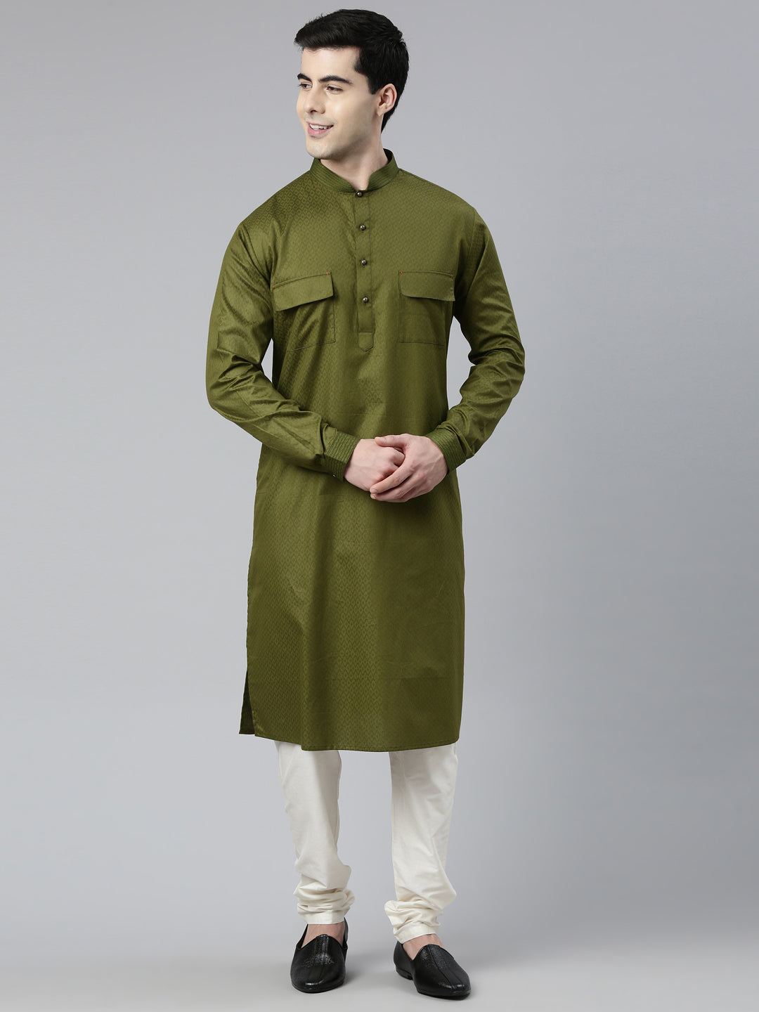 Green Cotton Pathani Kurta Set with Patch Pocket