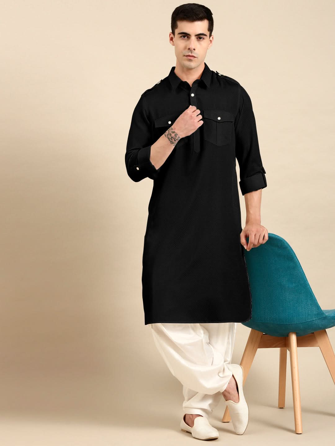 Black Cotton Pathani with Salwar