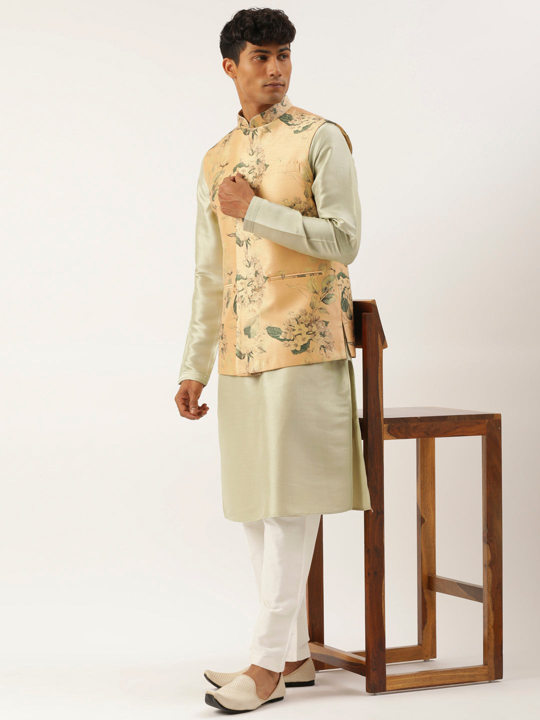 Beige Printed Cotton Jacket Kurta Set