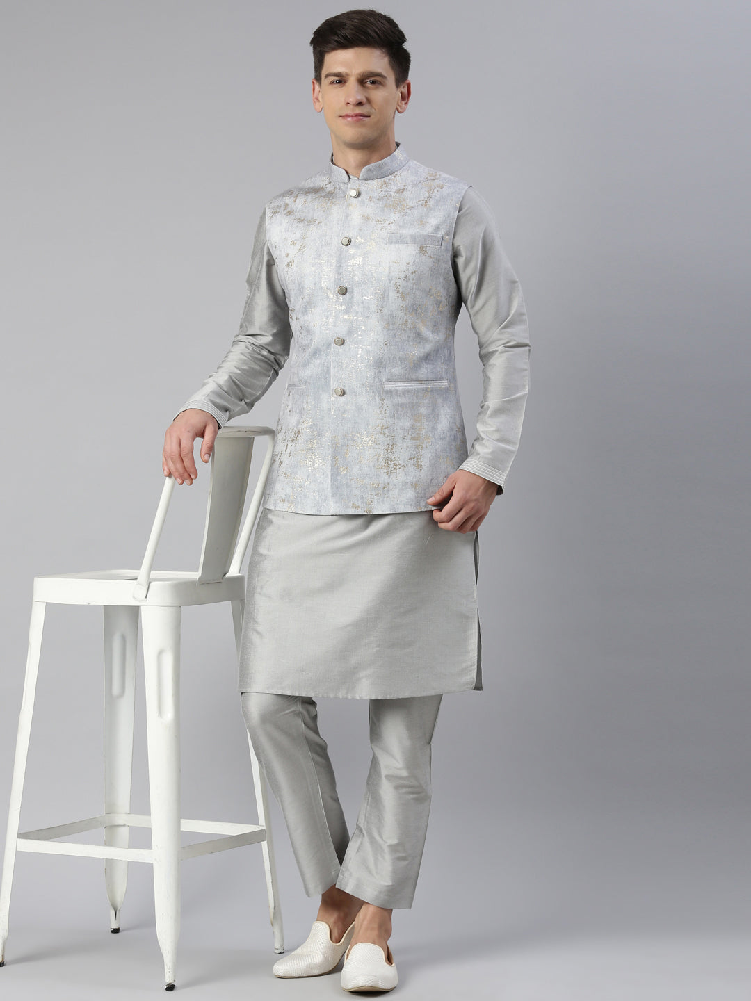 Grey Velvet Jacket With Grey Kurta Set