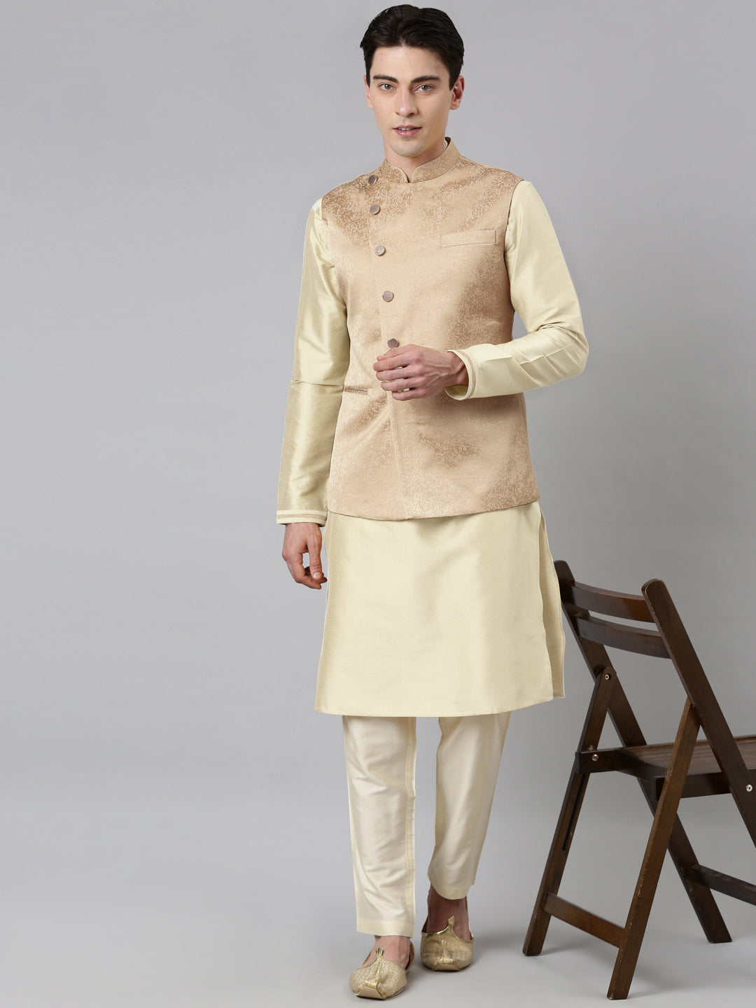 Beige Jacquard Jacket With Kurta Set