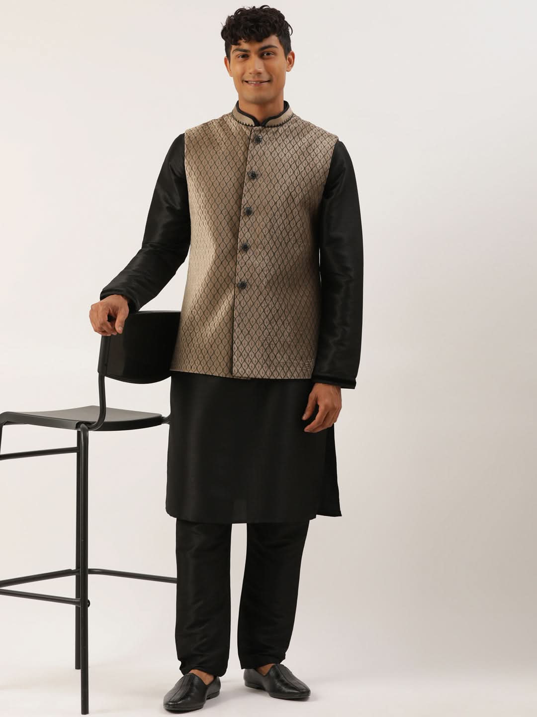 Beige Embroidered Jacket Kurta Set