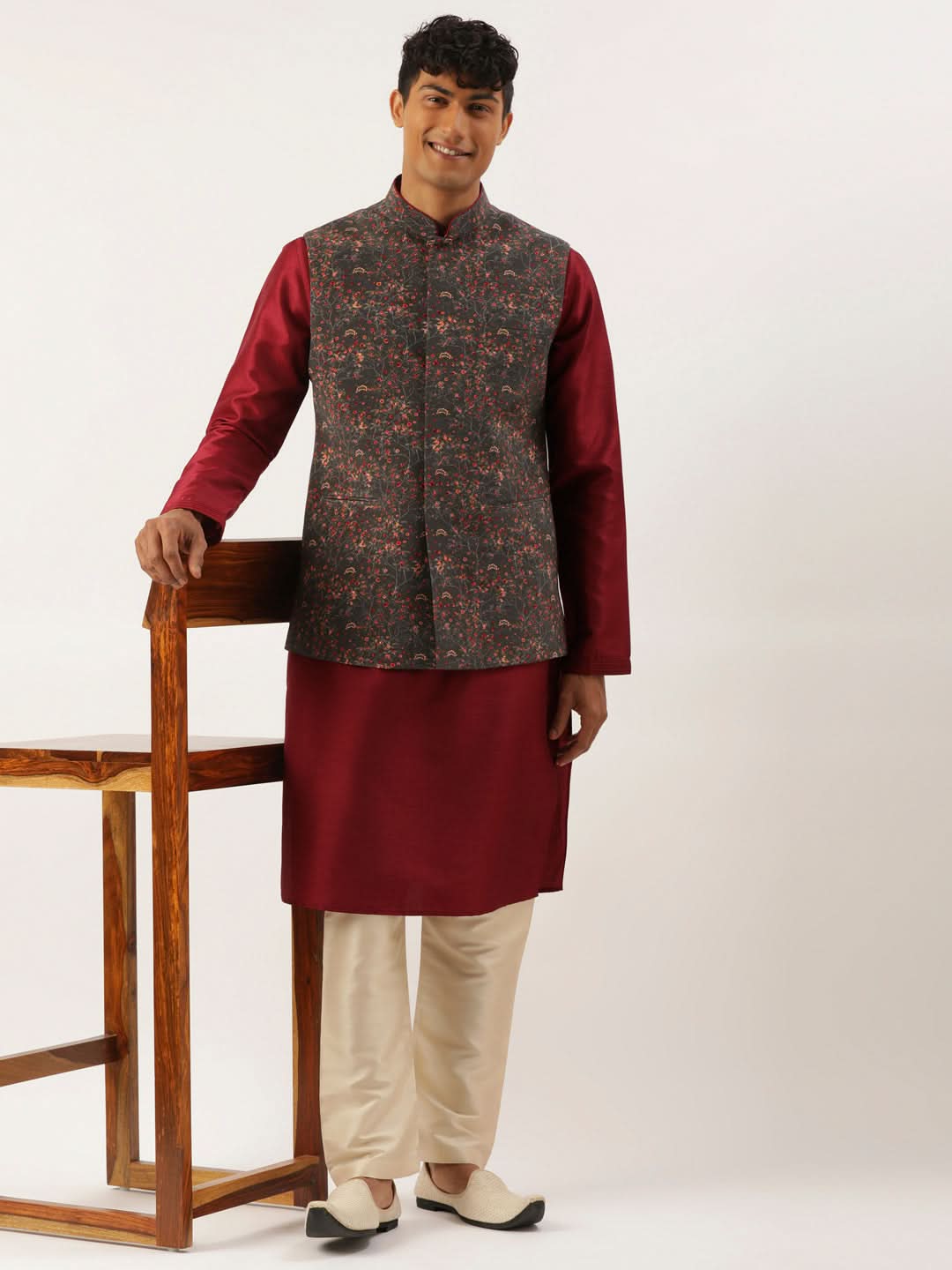 Charcoal Grey Printed Jacket With Maroon Kurta Set