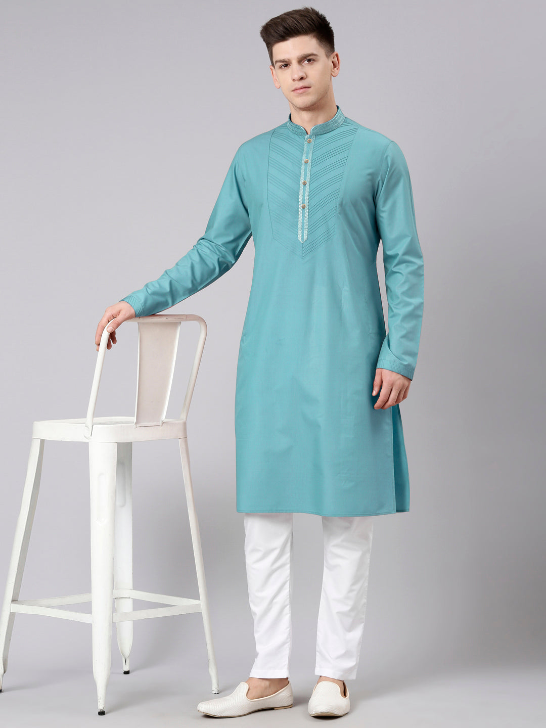Teal Pleated Cotton Kurta Set