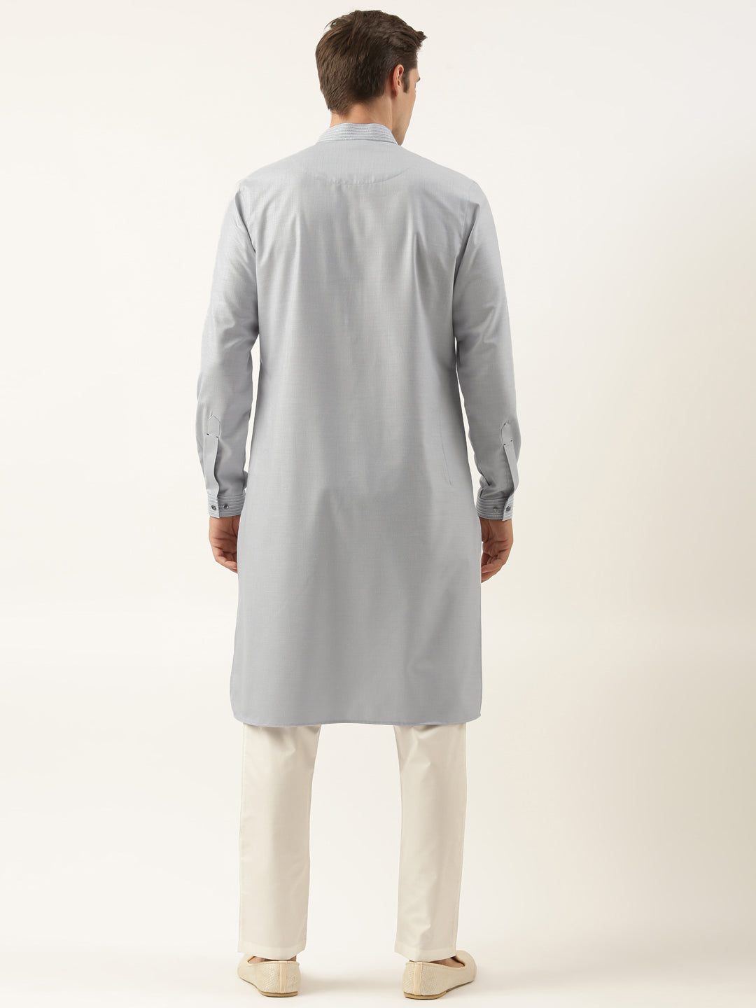 Grey Pure Cotton Pathani Kurta Set with Patch Pocket
