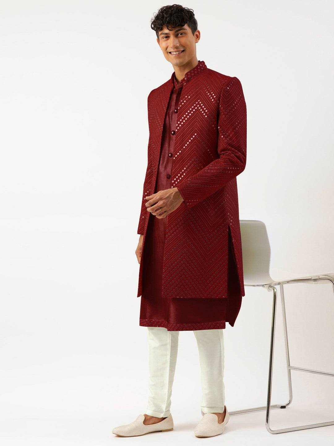 Maroon Mirror Embroidered Indowestern With Kutra