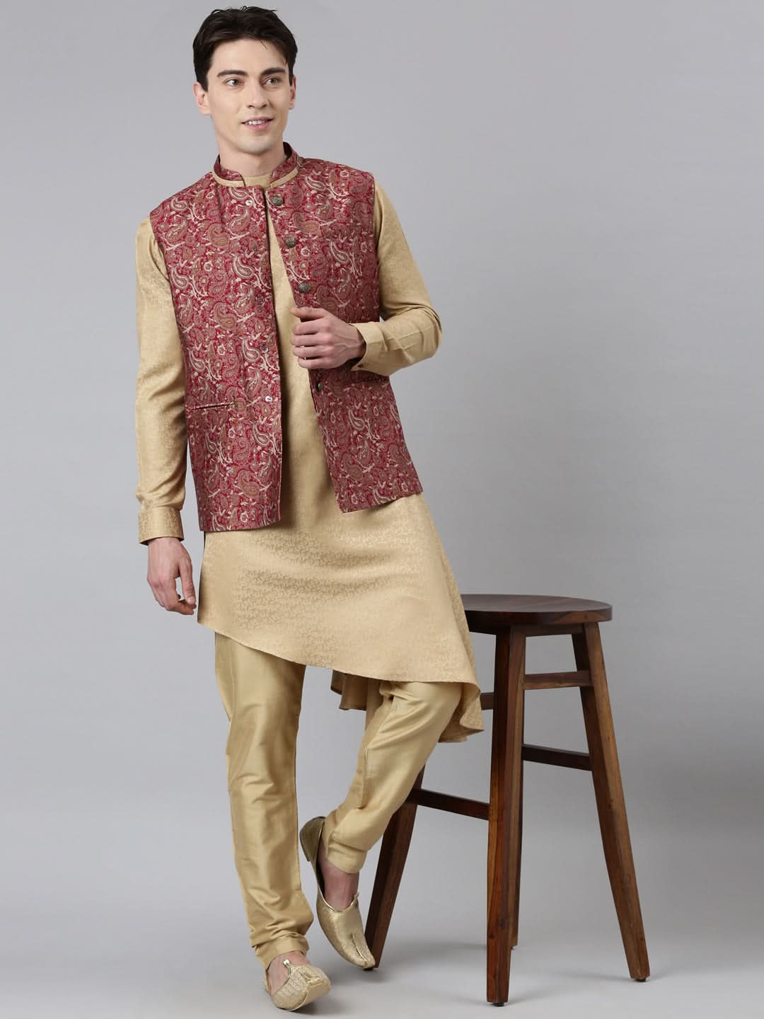 Printed Jacket With Self-Design Drape Side-Open Kurta