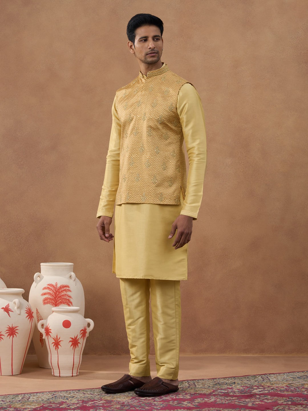 Gold Herringbone Printed Bundi Kurta Set
