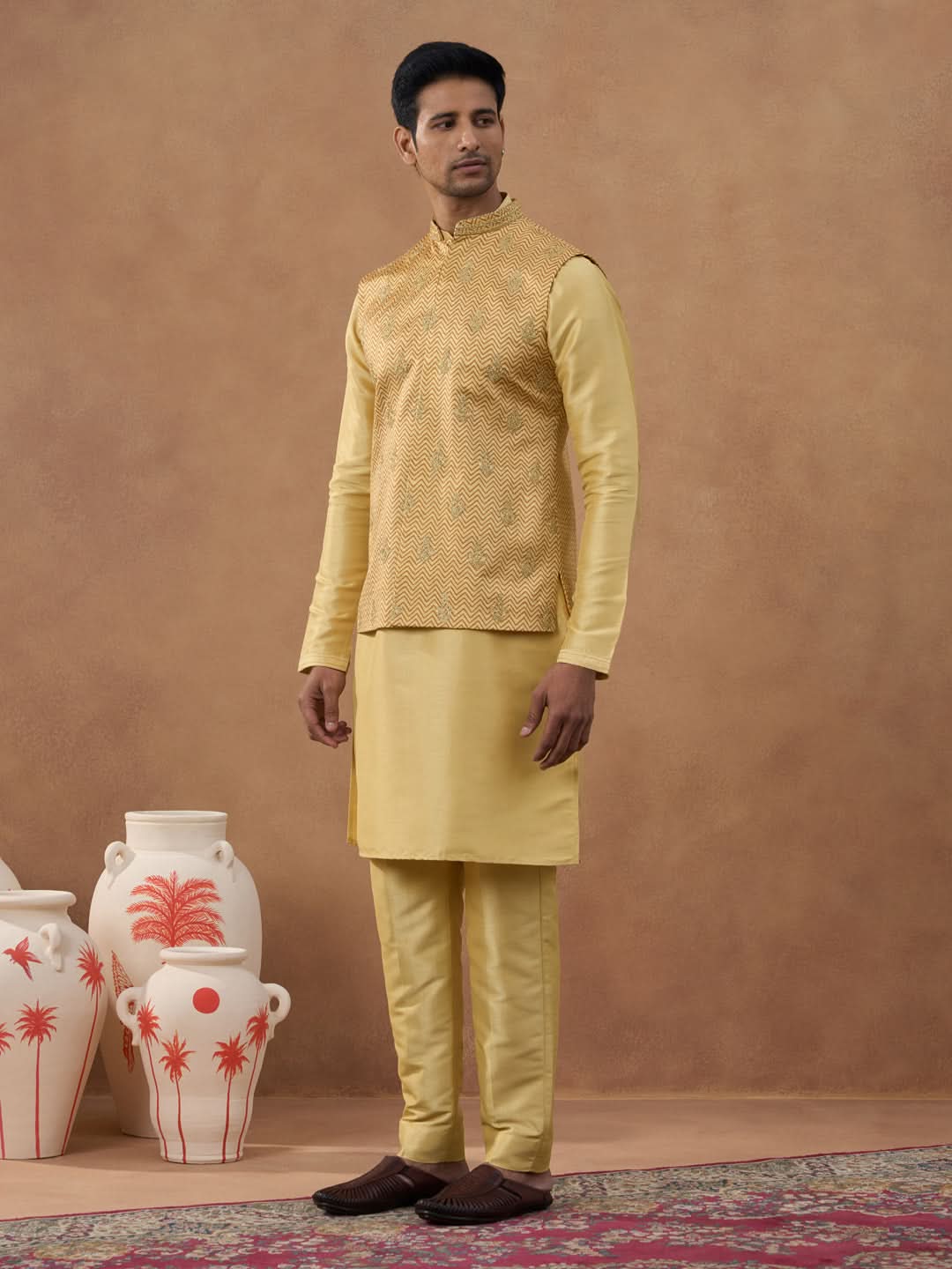 Gold Herringbone Printed Bundi Kurta Set
