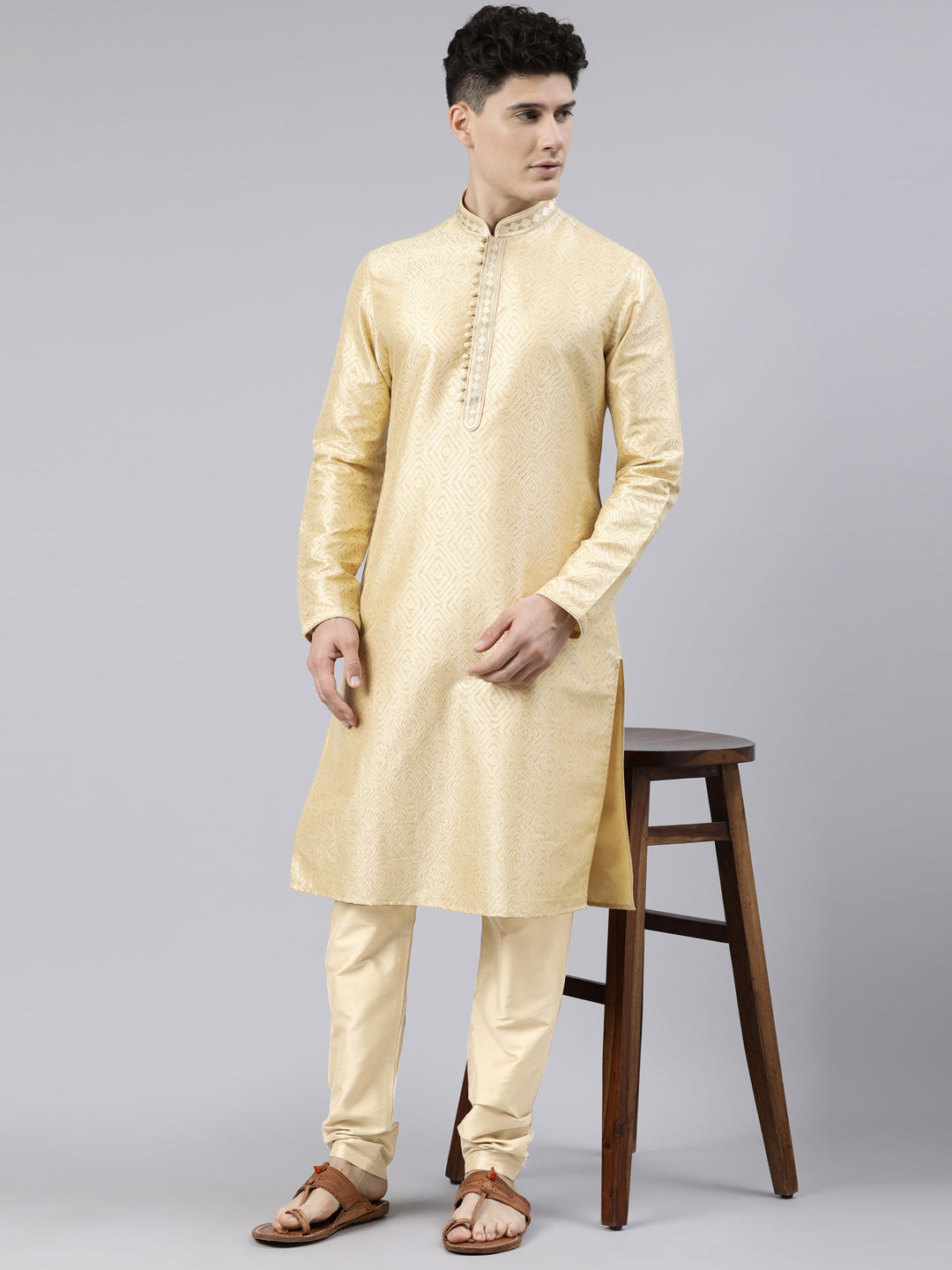 Beige Art Silk Kurta Set with Shining Golden Khadi Print