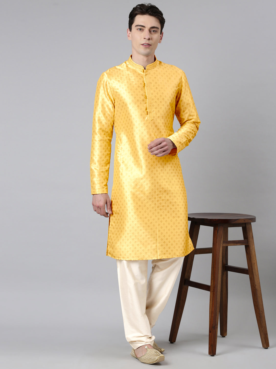 YELLOW SILK GOLD PRINTED KURTA SET