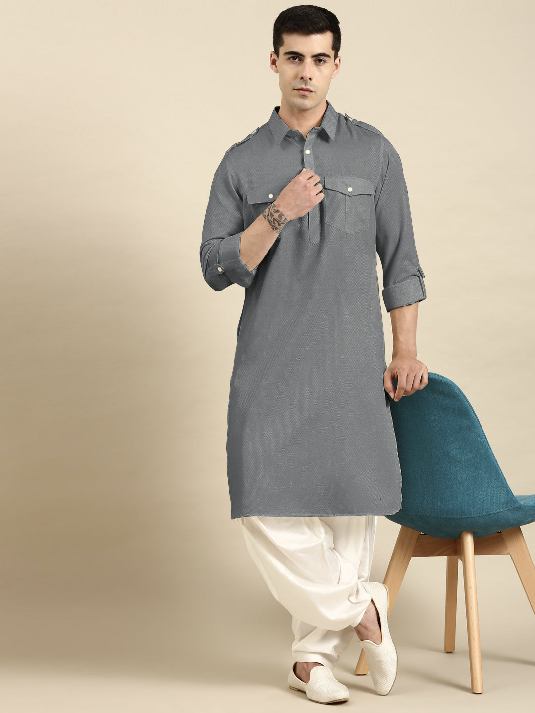 Grey Cotton Pathani with Salwar