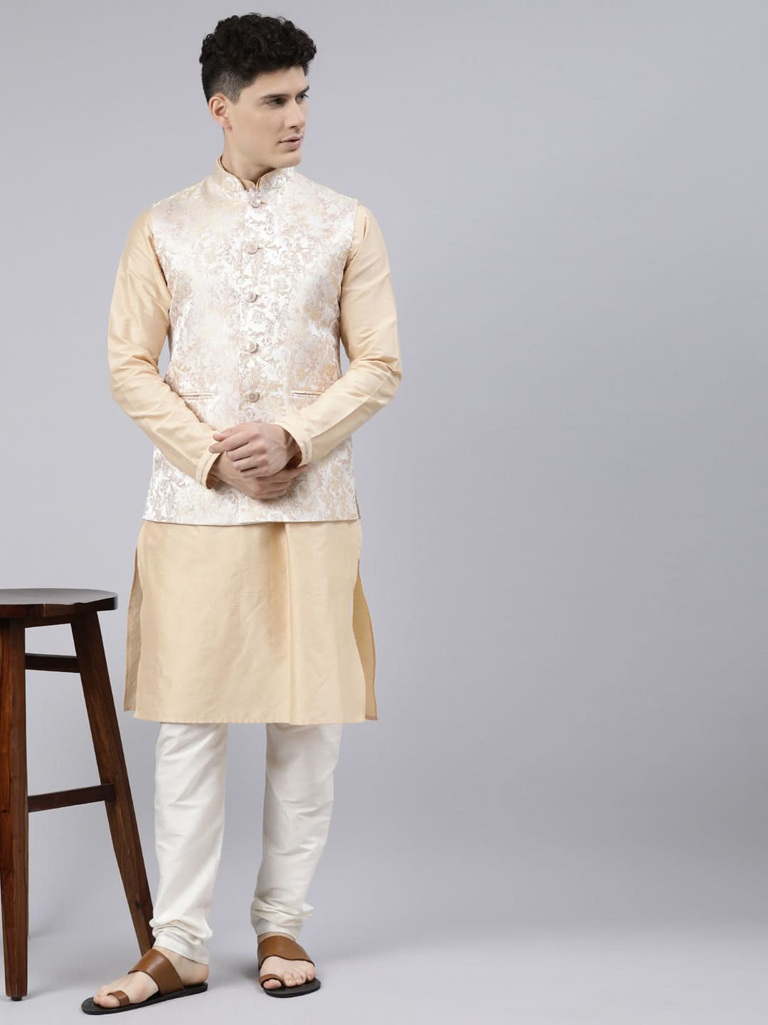 Cream Gold Jacket With Gold Kurta Set