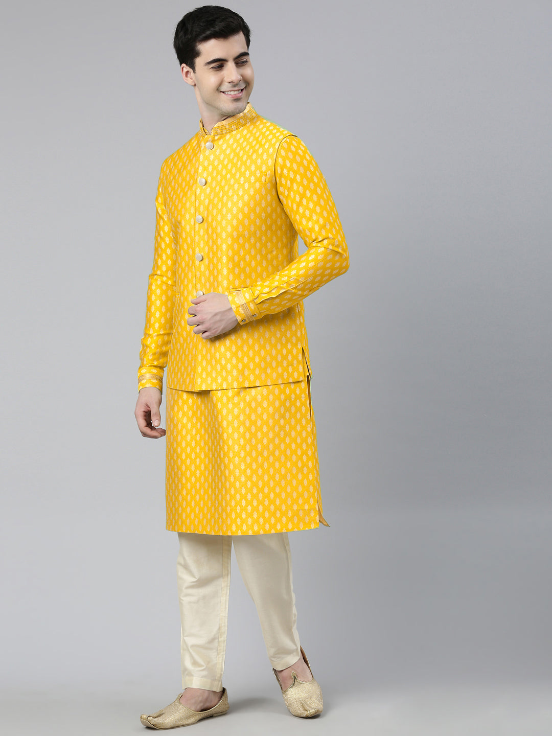 Yellow Banarasi Jacquard Jacket And Kurta Set