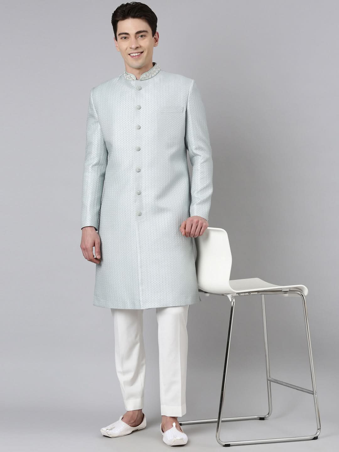 Powder Green Jacquard Achkan